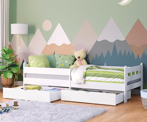 Bellabino Kuru Kinderbett 90x200 cm – Jugendbett mit 2 Schubladen - Kinder Bett mit Matratze, Rausfallschutz & Lattenrost – Einzelbett für Jungen und Mädchen Kinderzimmer – Kids Bed mit Stauraum Weiß