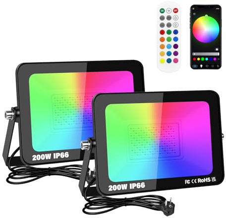 RIGIDON 2x 200W RGB led strahler APP & IR steuerung, 20000lm RGBW flutlicht | außen, innen, IP66, farbwechsel, smart dimmbar timer bunt fluter lampe, für party garten baum landschaft disco feiern fest