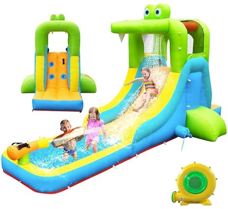 NBSPORT Inflatable Water Slide - Crocodile Theme Bounce House Water Park with Blower, Climbing Wall, Splash Pool, Water Cannon, Blow up Toddler Waterslide for Kids Backyard Fun, Green