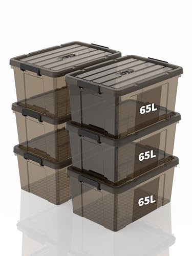 SpaceXpert Scatole Portaoggetti, Casse di stoccaggio 65L, Contenitori in Plastica con Coperchio e Maniglia, Trasparente Marrone, Impilabile, Facile da Trasportare, per Casa e Garage, 65L, Set di 6