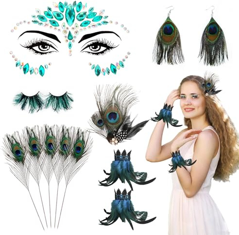 Xerteam Pfau Kostüm Damen, Feder Manschette Handgelenk Armband, Pfau Haarschmuck, Glitzersteine Gesicht, Feder-Ohrringe, Feder Wimper, DIY-Feder, Masquerade Halloween Carnival Party Cosplay Costumes