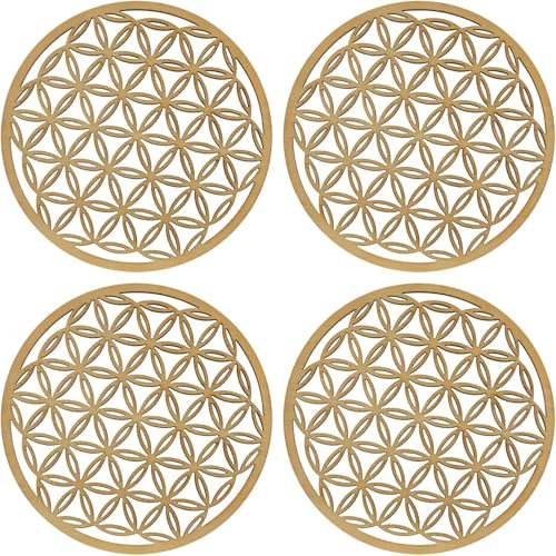 Cheerhom Juego de 4 Posavasos Redondos de Madera, diseño de Flor de la Vida, Vasos para Bebidas, Bar, Tazas, Cristal, 10 cm