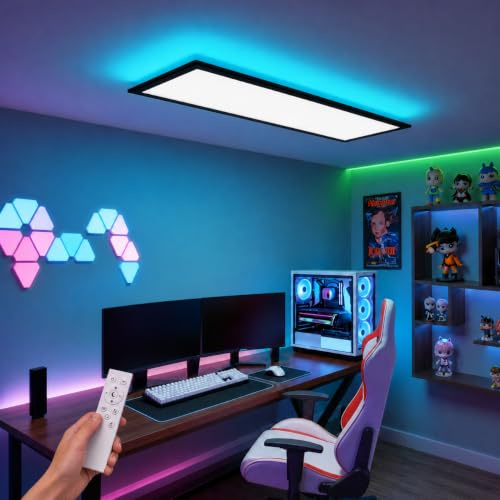 LEOEU LED Panel Deckenleuchte mit Fernbedienung 120x30CM Schwarz, 40W 4800LM RGB Deckenlampe Farbwechsel, Deckenlampe Dimmbar 3000K-6500K Ultra Dünn Panel für Wohnzimmer Kinderzimmer schlafzimmer