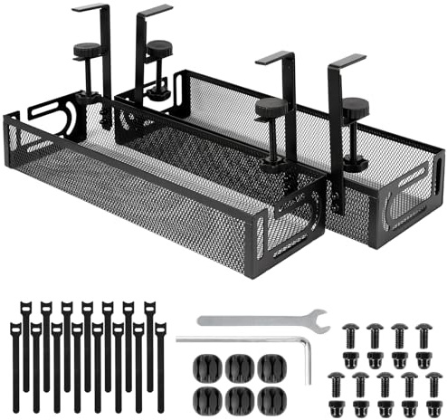 Under Desk Cable Management Tray 2 Pack, No Drill Mesh Cable Management | Under Desk with Side Opening Design & Clamp Mount, Wire Organizer for Home Office Black