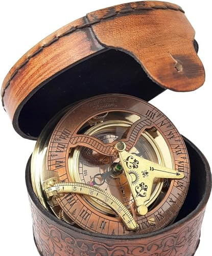 Brass Nautical Antique Brass & Copper Sundial Compass Sundial Clock in Box Sun Clock Ship Replica Watch Hiking Gift, Heirloom, for Men, Birthday Gift for Son,