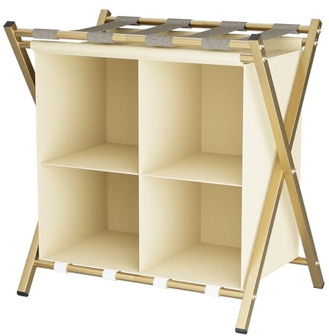 Garden 4 you Luggage Rack,Suitcase stand,Foldable Suitcase Stand with 4-Cube Fabric Storage Shelf,Folding Luggage Tier Suit Case Holder Travel Chest Storage for Guest Room, Bedroom, Hotel,Gold,1pc