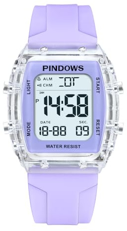 PINDOWS Digitale Sportuhr für Damen, transparentes Gehäuse, helles LED-Licht, 5 ATM wasserdicht, Stoppuhr-Alarm, Dualzeit, stilvolle Uhr für aktive Damen und Teenager