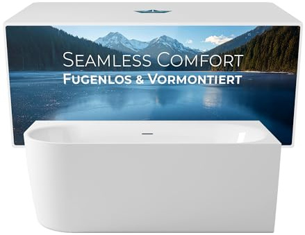 Calmwaters® Vorwand-Badewanne 160x75 cm Komplettset Seamless Comfort, fugenloses Design, vormontiert mit Schürze & Ablaufgarnitur, linke Ausführung, Made in EU, Acryl, 02SL6225