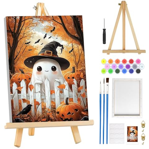 MOGTAA Halloween Paint by Numbers for Adults Beginner with Frame, Autumn Painting by Numbers for Adults with Easel, DIY Oil Painting Kits Ghost Art Crafts for Home Decor, 8x12in
