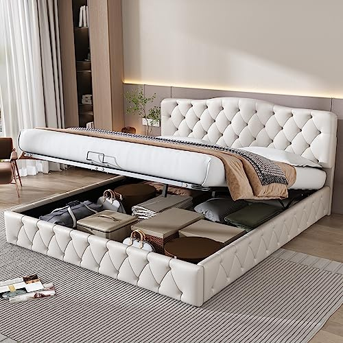 Laxnb Doppelbett Bett 180x200 cm Polsterbett, Bett mit Stauraum Bettkasten und Verstellbares Kopfteil, Jugendbett Hydraulisches Stauraumbett Bettgestell mit Lattenrost, Ohne Matratze, PU Weiß