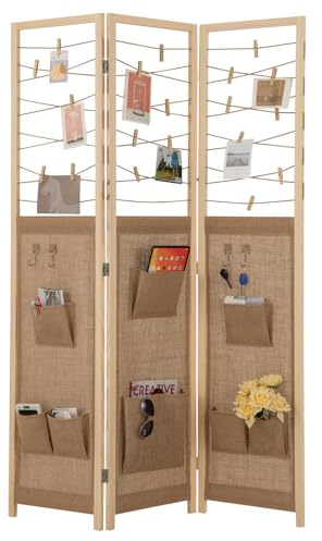 COSTWAY Paravent Interieur 3 Panneaux 170 × 120 cm, Separateur de Pieces Pliable en Bois, 8 Poches, 4 Crochets, 20 Pinces, Cordes en Jute, Closion de Separation Interieur pour Salon Bureau Chambre