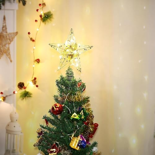 weiclianhp Estrella Arbol de Navidad con 20 Luces LED, Topper para Árbol de 25 cm, Dorada, Funciona Baterías, Decoraciones De árboles De Navidad para El Hogar