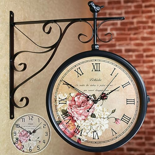 Orologio da parete vintage double face, in ferro e metallo, per esterni, stile retrò europeo, impermeabile, montaggio a parete per stazione ferroviaria