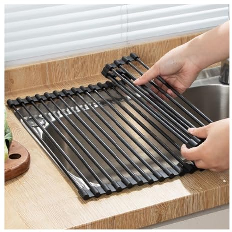 Escurridor extensible de acero inoxidable – 38 – 60 cm de largo, telescópico, escurridor enrollable para ahorrar espacio, color negro, 28 cm de ancho