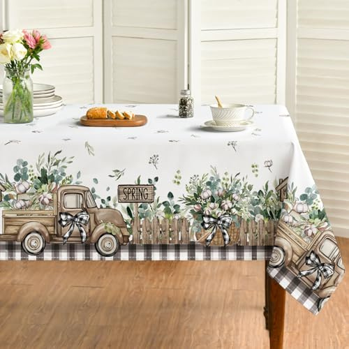Horaldaily Spring Tablecloth 60×84 Inch Rectangular, Eucalyptus Fence Cotton Truck Washable Seasonal Table Cover for Party Picnic Dinner Decor