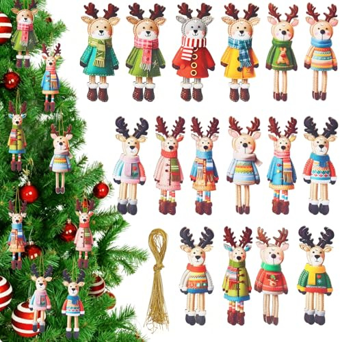 Juldekorationer, 32 stycken trä hjort julgransprydnader, 2D älskvärda ren julgran hängsmycke, juldekoration julgransprydnad, julhängen för jul festdekoration