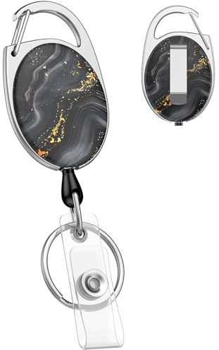 Uniclife Porte-clés Rétractable Mignon, Porte-badges Rétractables Marbre Noir, Anneau à Clés Rétractable, Clip Porte-badge Rétractable pour Clés et Carte d'Identité, Dévidoir Porte-badge Robust