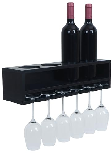 Mendler Portabicchieri portabottiglie da parete HWC-P21, scaffale vino per 4 bottiglie/6 bicchieri Legno 12x48x12cm - nero