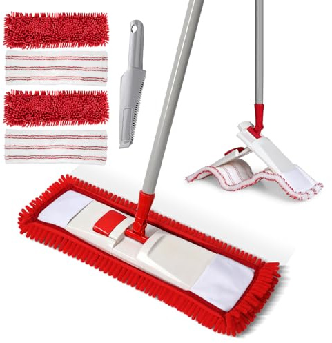 Microfibre Mop with 4 Reusable Pads, Wet Dry Mop for Cleaning Floors | 360° Swivel Floor Mop for Hardwood, Laminate, Tile, Dry Floor Mop with Adjustable Sturdy Metal Handle, 1 Cleaning Scraper