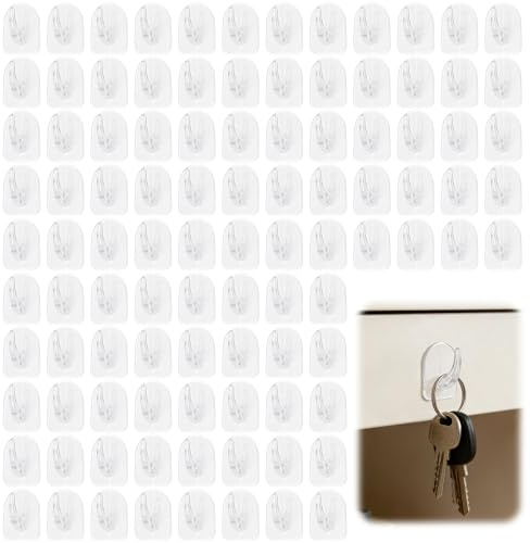 Fzosinou 100 PCS Small Adhesive Hooks, Clear Sticky Wall Hooks, Reusable Wall Holder for Hanging Key Towels Decorations, No Drill Hooks for Bathroom, Kitchen