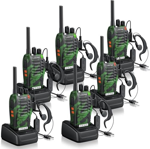 eSynic 6 Pack Professional Adult Walkie Talkie Set Rechargeable 2 Way Radio | 16CH & Licensed| With Earpieces& LED Flashlight & Belt Clip| VOX| Clear Communication Gift for Kids School Trip,Jobsite,House