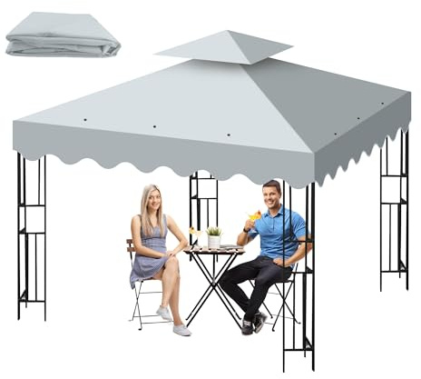 Techo de Repuesto 3x3 m para Cenador, 2 Niveles Toldo Recambio Pergola con Ventilación y 12 Orificios de Drenaje, Impermeable Anti-UV Cubierta Amovible para Barbacoa, Bodas, Fiestas y Camping (Gris)
