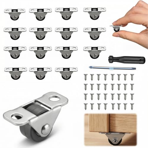 Glythum Möbelrollen Klein, 16 Stück Lenkrollen 12mm Möbelrollen Rollen für Möbel mit 32 Schrauben, Transportrollen Mini Rollen für Möbel, Kleine Tisch Kabinett, DIY