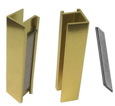 Shower Door U-Channel with Metal Strike Plate for 3/8 and 5/16 Glass - Bright Gold and Magnet - Set