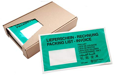 Dokumententaschen ökologisch aus Papier, Grün, 100% recyclingfähig, 1000 Stück DIN-lang, Lieferschein/Rechnung - Hafttaschen