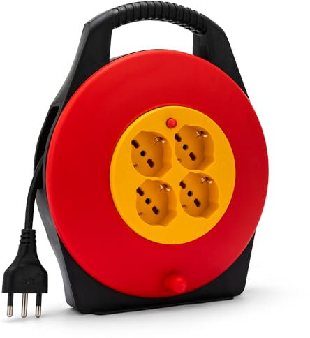 Velamp Prolunga Elettrica con Avvolgicavo 10mt - 4 Prese Polivalenti (Schuko + 10/16A) - Spina Grande 16A - Interruttore di Protezione – Cavo elettrico multipolare 3G Sezione 1,0 mm²