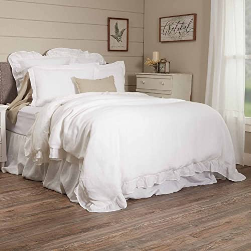 Piper Classics Provincial Linen White Ruffled Queen Duvet Cover, 90 Long x 90 Wide, 100% Linen Bedding