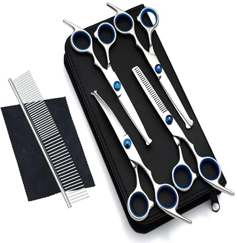 Newaner Hundeschere Set Profi, aus Edelstahl mit Runder Sicherheitsspitze, Fellschere Inkl Effilierschere, Gebogene, Gerade Schere, Fellpflegekamm, für Hunde, Katzen, Blau