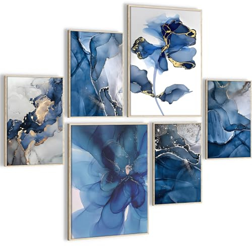 HONEYBABY Blue Canvas Wall Art for Living Room Modern Flower Framed Bathroom Wall Artwork Floral Nature Wall Art Pictures for Bedroom Walls Office Kitchen Hallway Set of 6