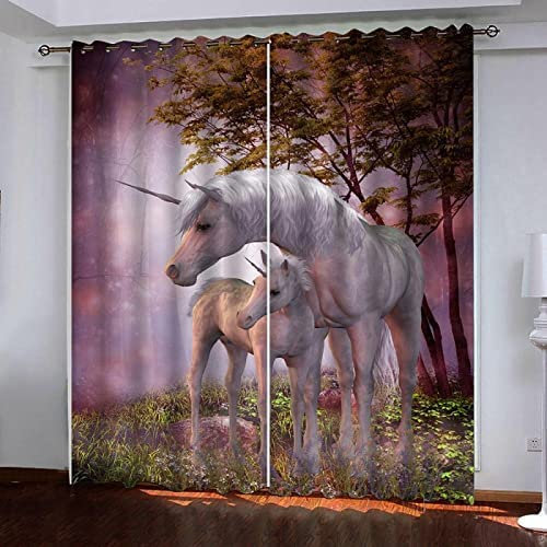 3D Verdunkelungsvorhang Ösen Dschungel Einhorn 140(B) X160(H) cm,2Er Set Gardinen Wohnzimmer Gardinen Blickdicht Kinder Vorhänge Schlafzimmer Dekoschals Gardine