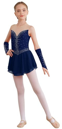 YEAHDOR Abiti da Ballo Latino Salsa Bambina Senza Maniche Leotards con Guanti Paillettes Body da Pattinaggio Artistico Vestito da Danza Classica Ballerina Jazz B Bl 13-14 Anni