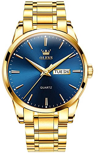 OLEVS Gold Watches for Men Classic Blue Face Waterproof Easy to Read Dress Watch Men Big Dial Stainless Steel Band Analog Quartz Mens Watches Casual Simple Luminous Date Day Men's Watch