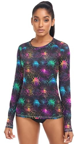 Langärmeliger Rashguard für Damen, LSF 50+, Sonnenschutz, Strand-Shirt, Badeanzug, Oberteil für Outdoor, Tauchen, Wandern, Buntes neonfarbenes Spinnennetz, S
