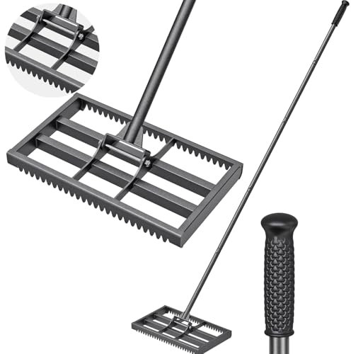 HYQNG Rasen-Nivellierrechen mit abgerundeten Kanten, 43 x 25 cm Rasen-Nivelliergerät mit Zinken, 195 cm Verstellbarer Langer Griff, robuster, kraftsparender Garten-Nivellierrechen, Nivellierung