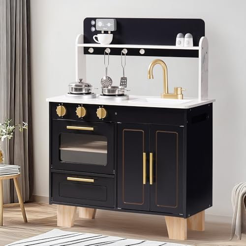 ROBUD Spielküche Holz für Kinder, Modern Marmor-Stil Kinderküche mit Realistischem Ofen, Herd & Kaffeestation, Lagerschrank, Metall Küchenutensilien Zubehör, Geschenk für Kinder ab 3 Jahre