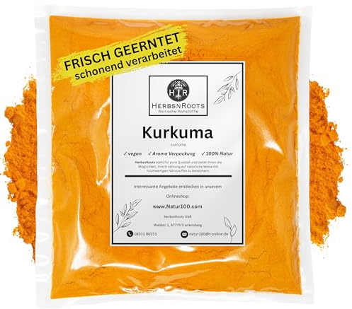 Kurkuma Pulver 1000g • Kurkumawurzel gemahlen • 100% Natur • reines Pulver aus Kontrolliertem Anbau • Erste Wahl • Abgefüllt in Deutschland • HerbsnRoots