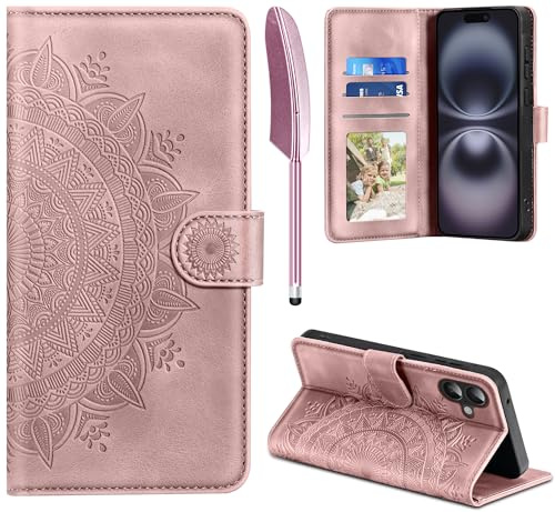 EASDNB Lederhülle für iPhone 16, Flip Wallet PU Leder Case [Kartenfach] [Magnet] [Ständer] Prägung Klapphülle Schutzhülle für iPhone 16 6.1 Zoll, Rosa
