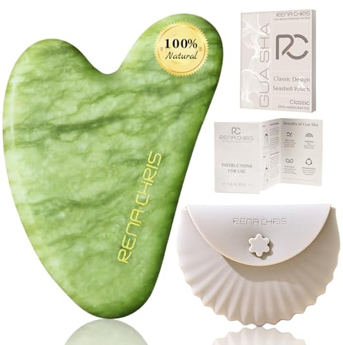 Rena Chris Gua Sha Facial Tools, Jade Gua Sha Stone for Face Massage, Jawline Sculpting & Puffiness Reduction with Silicone Case (Green)