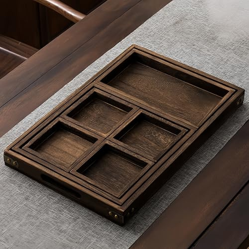 Uwenkjie Wooden Serving Trays with Handles, 7-Piece Set Square Anti-Slip Party Platters for Food, Tea, Coffee & Beverages, Multi-Purpose Wooden Tray for Dining, Kitchen, Party & Event Use