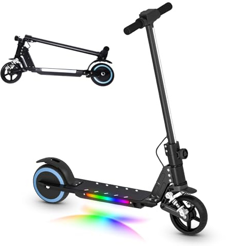 scoot4kids Kinder E-Scooter, Alter 6-12, 130W, 14 km/h Höchstgeschwindigkeit, 8 km Reichweite, bunte LED-Leuchten, faltbar, E-Scooter für Jungen und Mädchen, Geschenk für Kinder und Teenager (Schwarz)