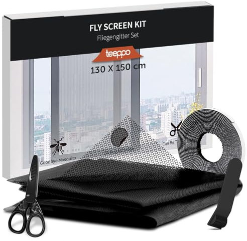 teeppo Fliegengitter Fenster 130 x 150 cm, Insektenschutz Fenster Zuschneidbar mit Klettband Selbstklebend, Fliegennetz ohne Bohren, Moskitonetz Fenster aus Polyester, Kinderleichte Montage【Schwarz】