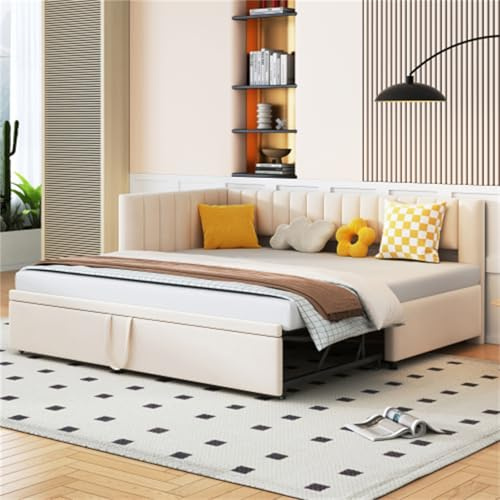 L-förmiges Schlafsofa mit Ausziehbett 90/180x200cm Platzsparendes Polsterbett für Erwachsene Jugendliche Einzelbett Familienbett für Schlafzimmer Gästebett Samtstoff Beige