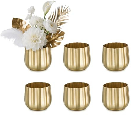 NUPTIO Gold Vase Blumenvase für Hochzeit: 6 Stück 10cm Metall Gerippt Vasen für Geburtstag Herzstücke Tischdeko - Kleine Blumentopf Pflanzentopf für Innen Wohnzimmer Fensterdeko