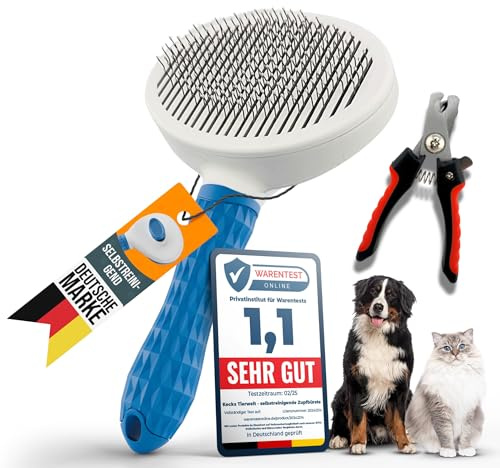 Kecks Tierwelt – Katzenbürste & Hundebürste im Set: Für Kurz & Langhaar Inkl. Krallenschere reduziert Haarausfall, sorgt für glänzendes Fell & ist leicht per Knopfdruck schnell zu reinigen.(Blau)