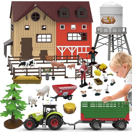 lonfypeng 109PCS Farm Animals Toys Set Comes with Barn, Rice Storehouse, Rice Trolley with Lights & Sounds, Milking shed, Farmer, Fence - Playset for Kids Toddlers Boys Girls 3 4 5 6 7 Years Old