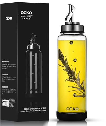 ALYBSOO Olivolja oljeflaska glas 500 ml – okrossbar och läckagesäker med pip av rostfritt stål och gummibotten, värmebeständig för olja och vinäger (500 ml)